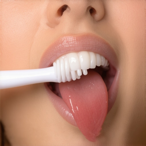 Person cleaning tongue with a scraper and brushing teeth gently