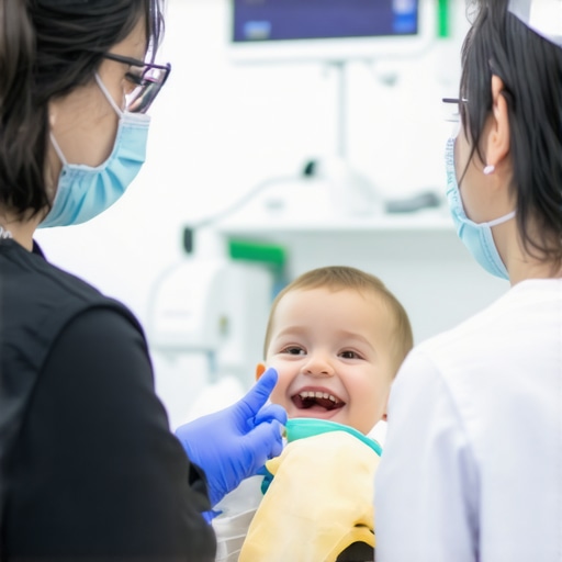 Family Dental Technology in Modern Clinic Family receiving dental care with digital tools