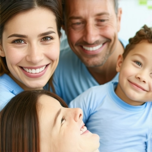 Family engaging with digital dental technology in a bright clinic