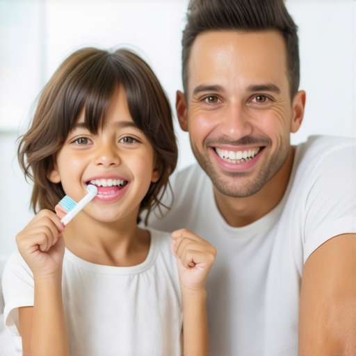 Family brushing teeth together to promote good oral hygiene