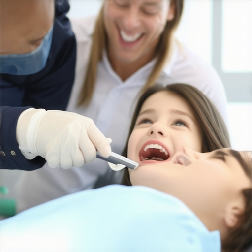 Family engaging with digital dental tools in a modern clinic Family viewing digital smile design on a screen during dental consultation
