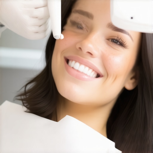A smiling patient in a dental clinic with advanced cosmetic tools.