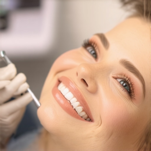 Smiling patient with dental veneers in a modern clinic environment