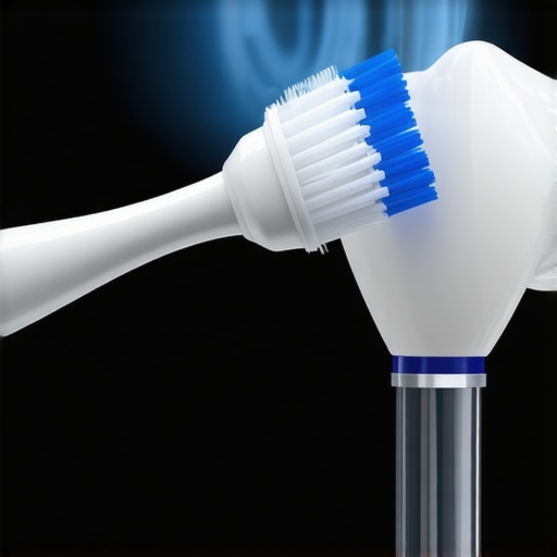 Ultrasonic toothbrush in action: cutting-edge dental cleaning technology A high-tech ultrasonic toothbrush actively cleaning teeth with visible vibrations.