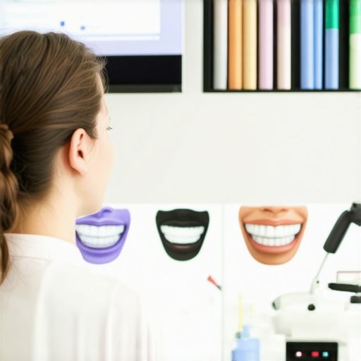 Digital smile design and laser dentistry equipment in a modern dental clinic with a dentist consulting a family