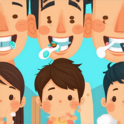 Family practicing oral hygiene together with toothbrushes and toothpaste.