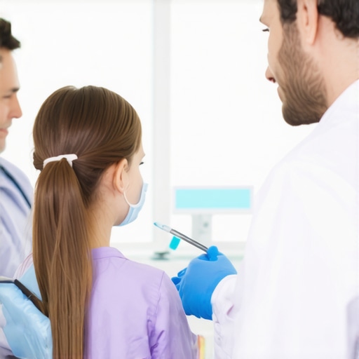 Family consulting with dentist about oral health and preventive care.