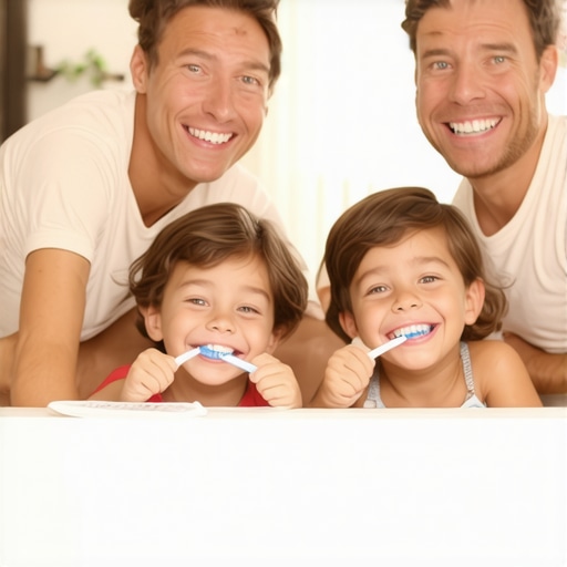 Family Dental Care Family brushing teeth together in a bright bathroom