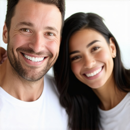 Family Smiles After Cosmetic Dentistry Happy family with bright smiles in a contemporary dental office.