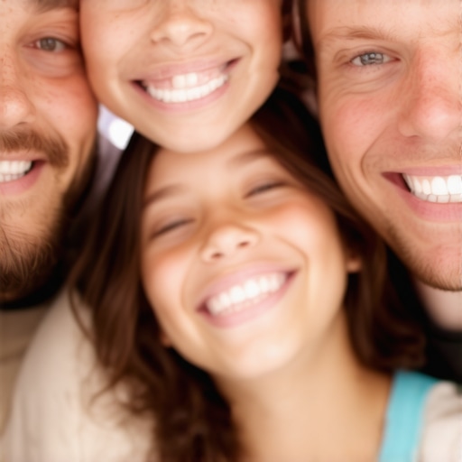 Family practicing good oral hygiene Family showing healthy smiles practicing oral care