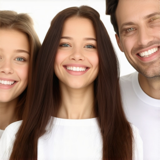 Family smiling in a modern dental clinic Happy family with bright smiles in a dental clinic with advanced technology