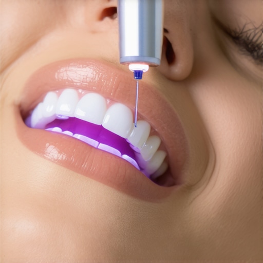 Laser Teeth Whitening Procedure with LED Light Dentist performing laser teeth whitening with LED light in a modern clinic