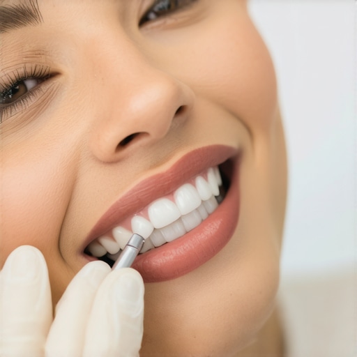 Laser Teeth Whitening Procedure Dentist performing laser teeth whitening with LED light