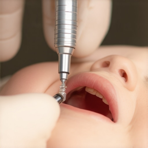 Minimally Invasive Pediatric Dental Prevention Dentist applying silver diamine fluoride to a child's molar with laser technology in a modern clinic setting.