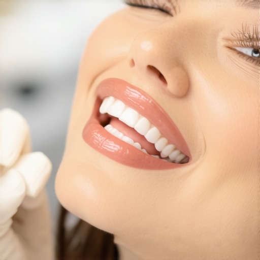 Modern Laser Teeth Whitening Procedure Dentist performing laser teeth whitening with advanced LED equipment.