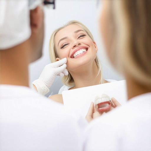 Digital Smile Design Consultation Dentist demonstrating digital smile simulation to patient in clinic.