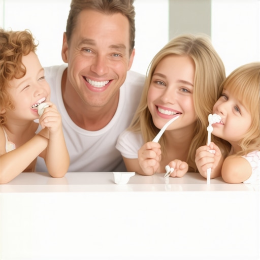 Family brushing teeth together in a modern bathroom, representing family dental care in 2024.