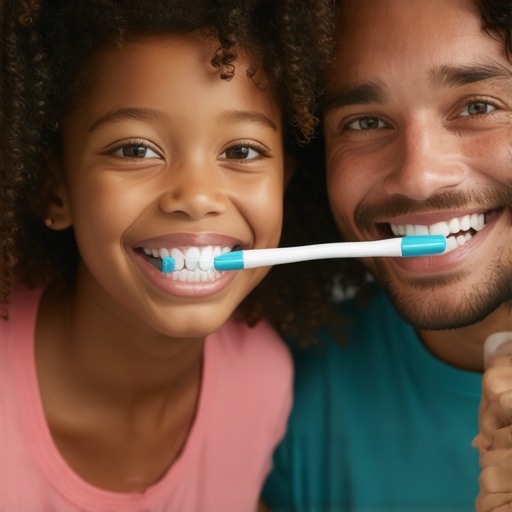Family brushing teeth together in bathroom, emphasizing teamwork in dental health.