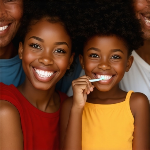 Family Dental Care Routine Family brushing teeth together in bathroom