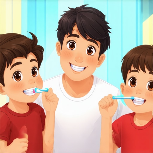 Family brushing teeth together in a bright bathroom