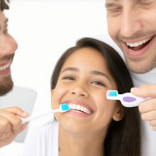 Happy family brushing teeth with electric toothbrushes, showcasing effective dental tools for long-lasting oral health.