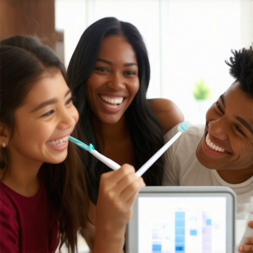 Family using smart toothbrushes and digital dental devices at home, smiling happily.