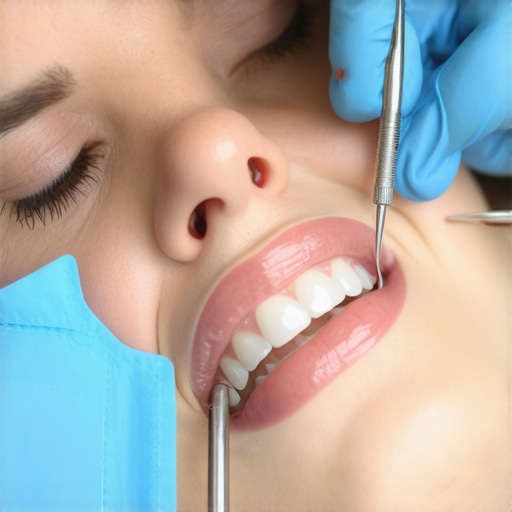 Dentist examining patient's teeth with dental tools in a bright clinic