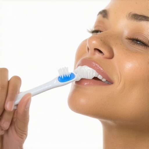Person demonstrating proper brushing technique with a soft-bristled toothbrush