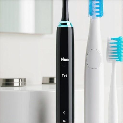 Ultrasonic scaler and electric toothbrush ready for use on a bathroom counter.