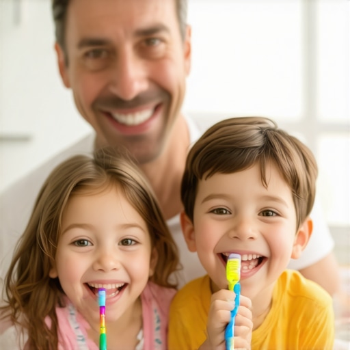 A family of four brushing their teeth together in a bright bathroom, emphasizing the importance of daily oral hygiene.