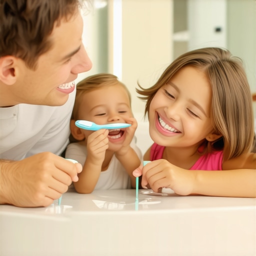 A family brushing their teeth together in a bathroom