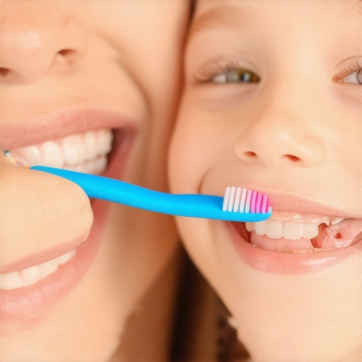 Parent helping child brush teeth with colorful toothbrush, smiling children in the background