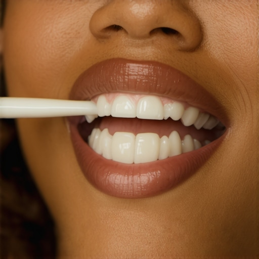 Person demonstrating correct brushing technique with a toothbrush.