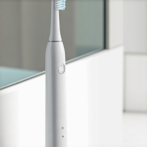 Close-up of an electric toothbrush in action demonstrating oscillating brush heads.