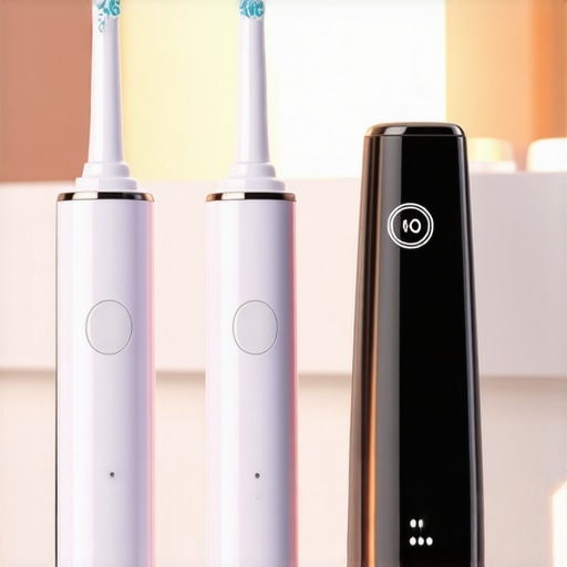 Ultrasonic toothbrush and water flosser on bathroom counter, illustrating modern dental care tools.
