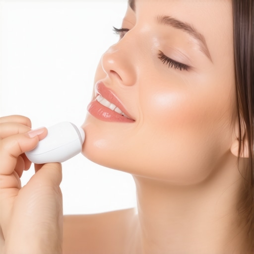 Person using a sonic whitening device on teeth in bathroom