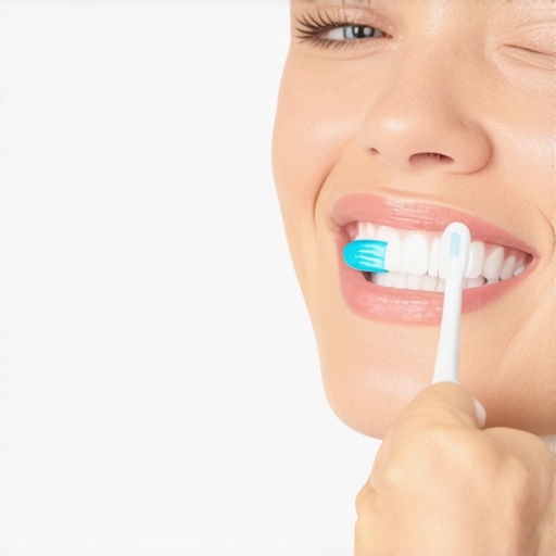 Person demonstrating proper teeth brushing technique with a toothbrush.