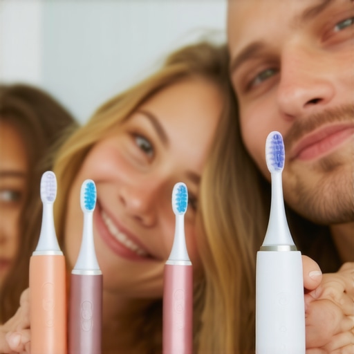 Family Using Smart Electric Toothbrushes A family cleaning their teeth with high-tech electric toothbrushes connected to smartphones