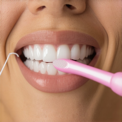 Person flossing gently with bio-ceramic floss, encouraging healthy gums