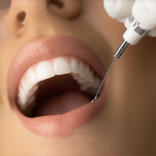 Dentist using ultrasonic scaler on patient's teeth in a clinic.