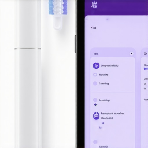Electric toothbrush with replacement head and digital dental records on tablet.