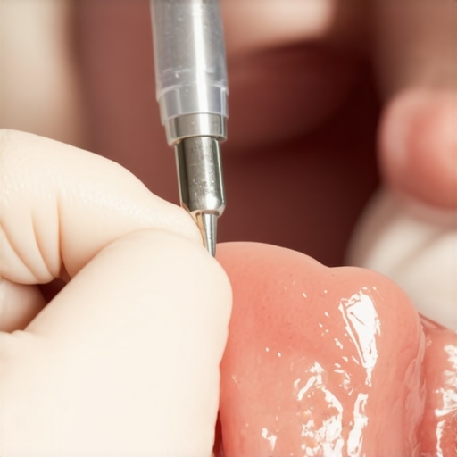 Dental hygienist collecting plaque sample from patient's teeth with sterile instrument.