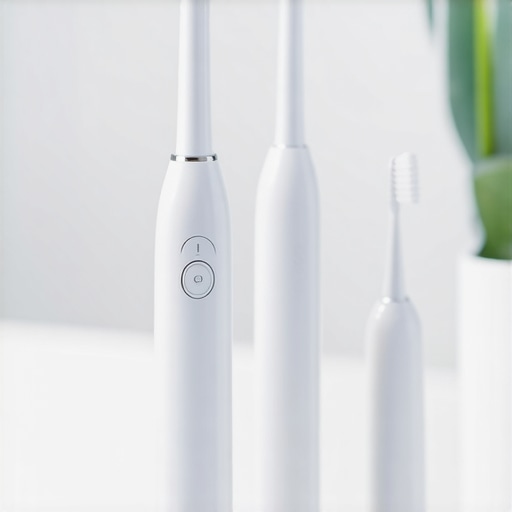 Person brushing teeth with an ultrasonic toothbrush in bathroom.