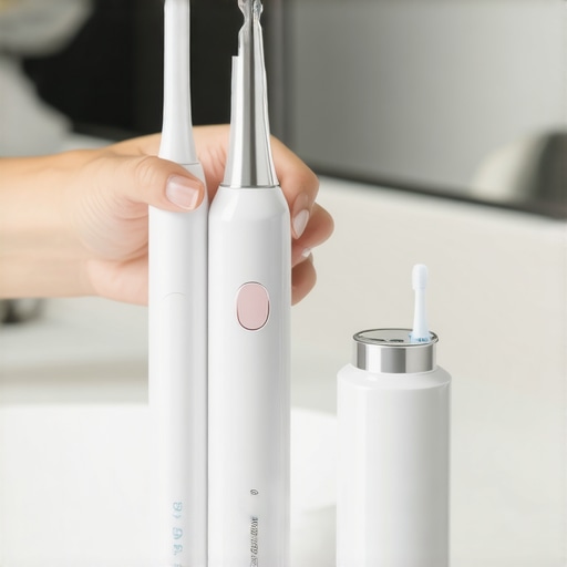 A person demonstrating the use of a sonic toothbrush and water flosser for oral care