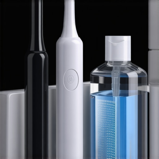 Electric toothbrush and mouthwash ready for night use.