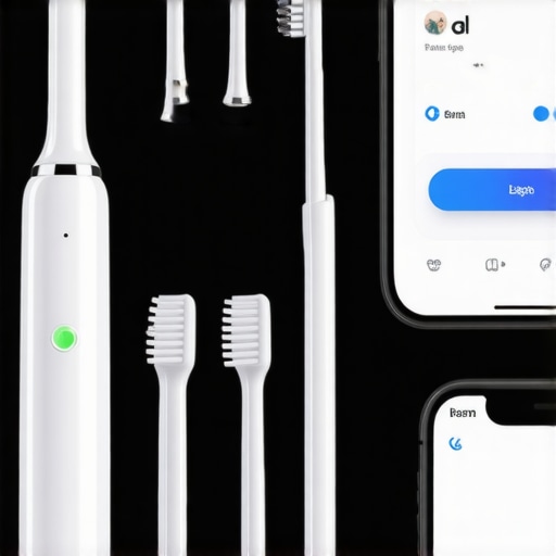 Close-up of advanced dental tools including smart toothbrush and water flosser used for long-term oral health