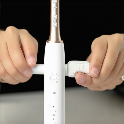 Person demonstrating the use of an electric toothbrush and water flosser