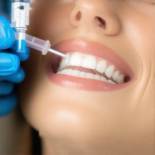 Dentist applying mineral remineralization gel to patient teeth using syringe.