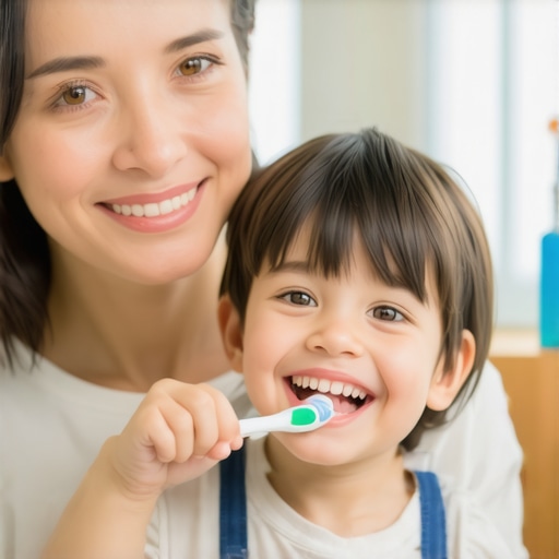 Parent and child brushing teeth together