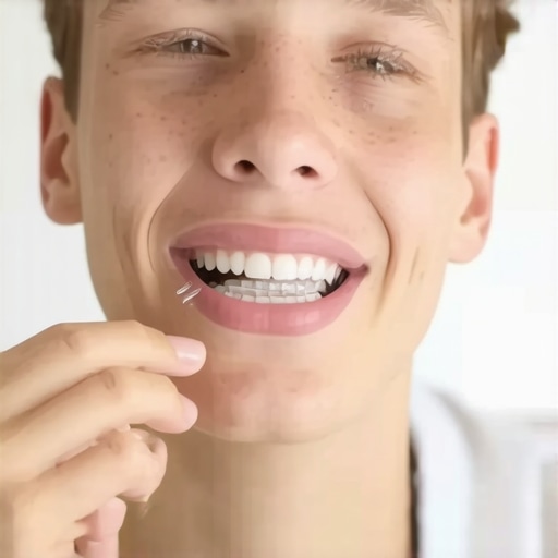 Teenager examining their teeth with aligners in a mirror